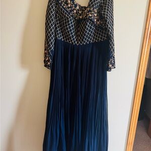 Elegant navy blue and golden dress with Cowl Neck and 3/4 Sleeves